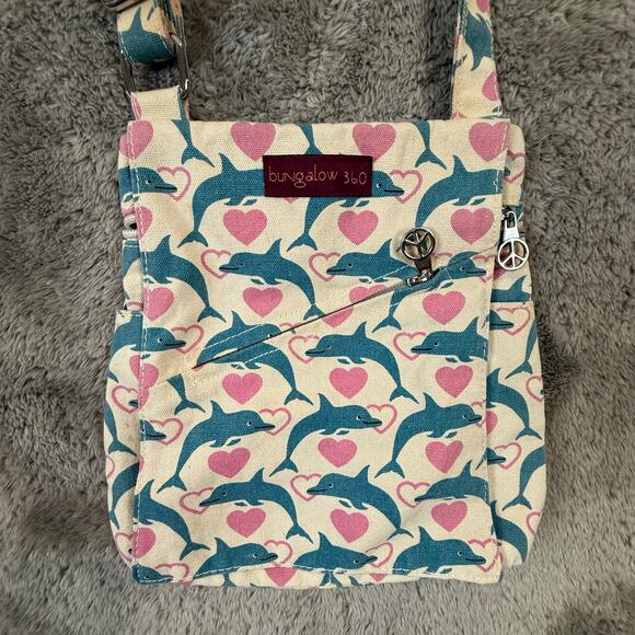 bungalow 360 Handbags - Bungalow 360 Crossbody Purse Shoulder Bag Satchel Blue Dolphin Pink Heart Canvas